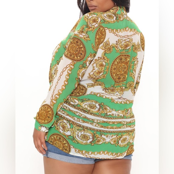 NWT Fashion Nova Crunching The Numbers Printed Shirt - Green/combo Size L - Picture 7 of 15